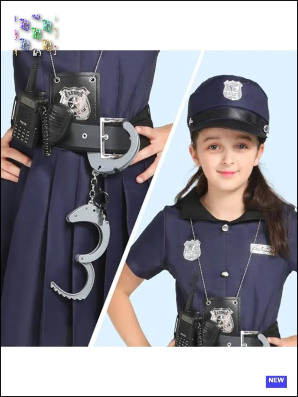 Kids Police Officer Costume Set 6pc Dress Up Role Play Hat Badge Handcuffs